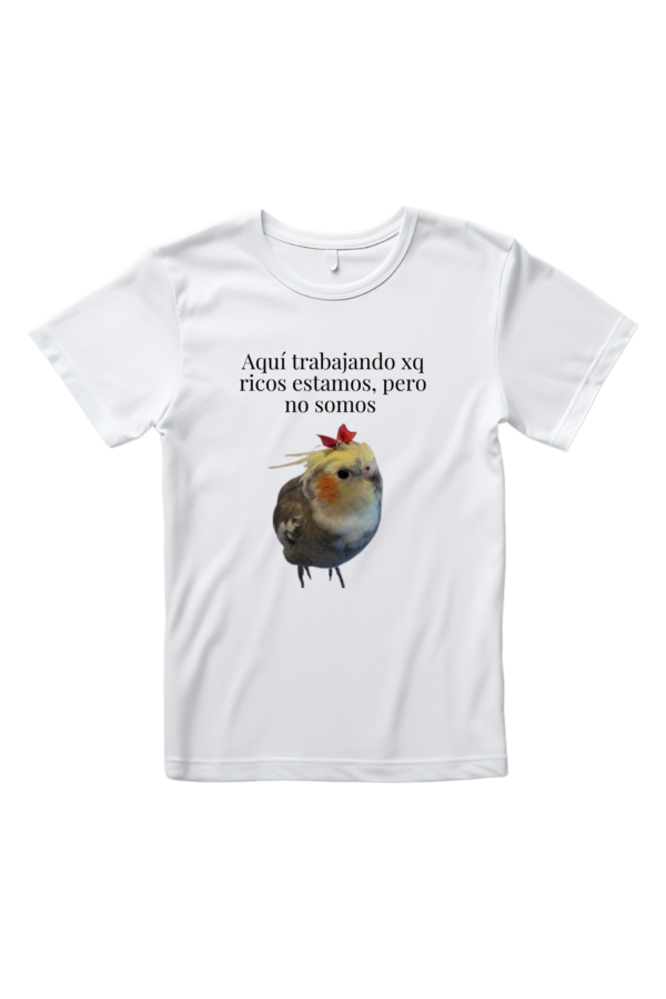 Camiseta Mujer Manga Corta Aquí trabajando xp ricos estamos, pero no somos